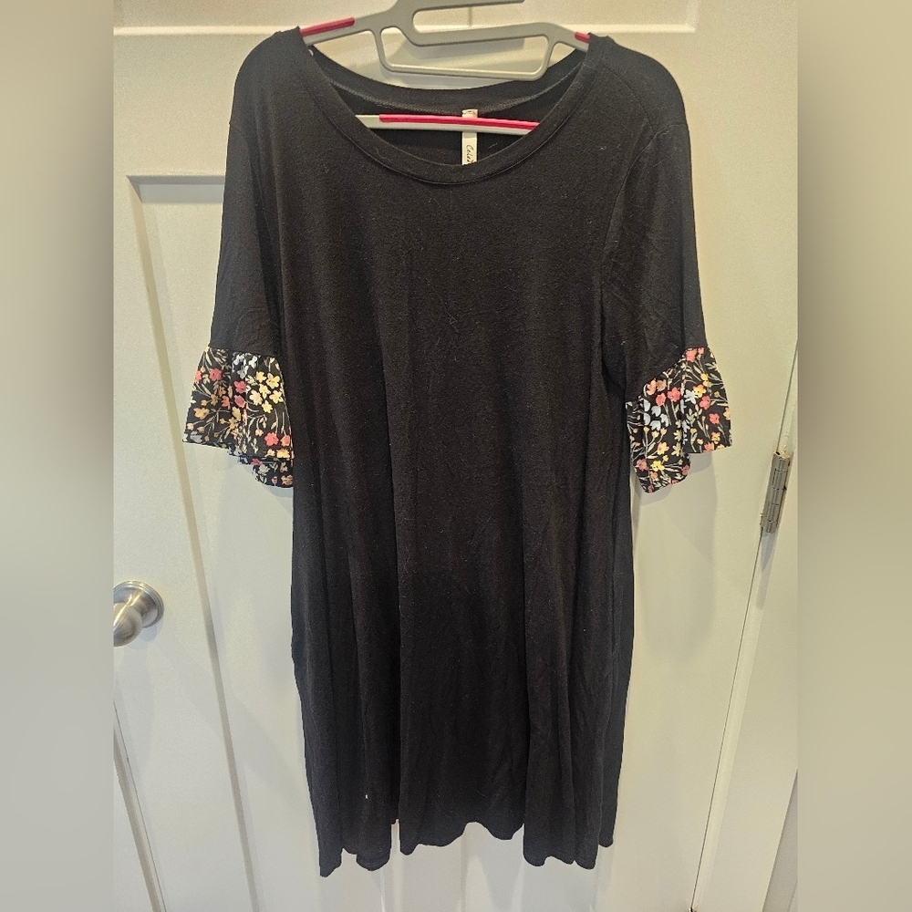 Celeste Black Knit Dress Women’s XL – Floral Ruffle Sleeve Soft Stretch Casual